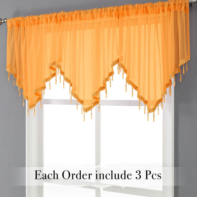 WUBODTI Orange Beaded Sheer Curtain Valances for Kitchen Windows, Triangle Sheer Voile Swag Valance Curtains Boho Bead Tassels Window Valances for Bedroom Bathroom Living Room,3PCs, Each W51 x L24 - Image 2